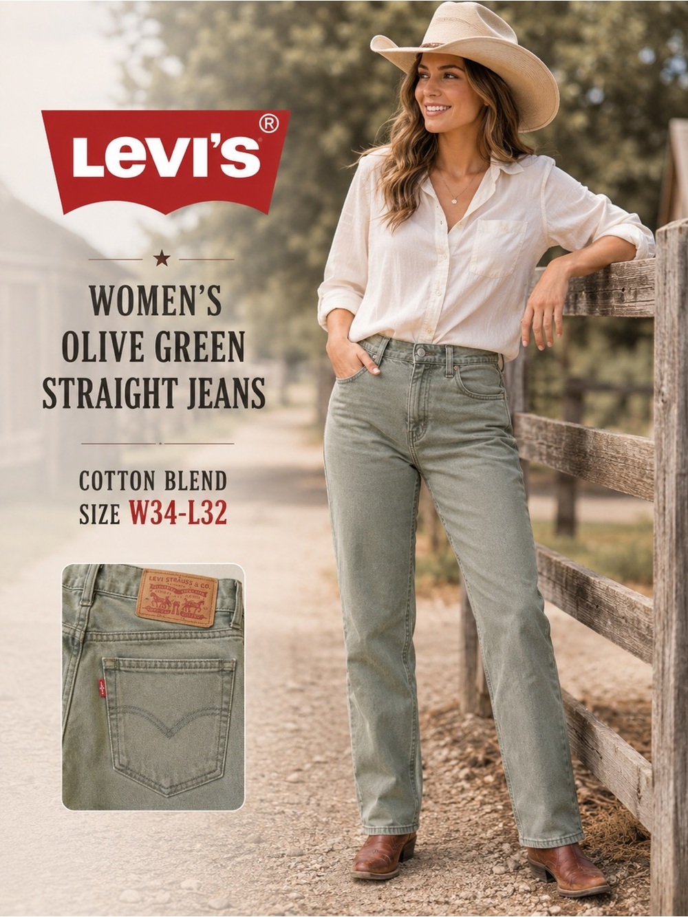 Levi's women’s olive green Straight Jeans cotton blend size W34-L32 preloved